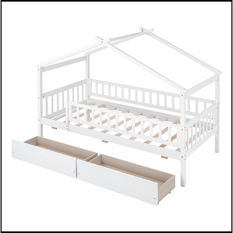 Lit en bois avec deux tiroirs, White
