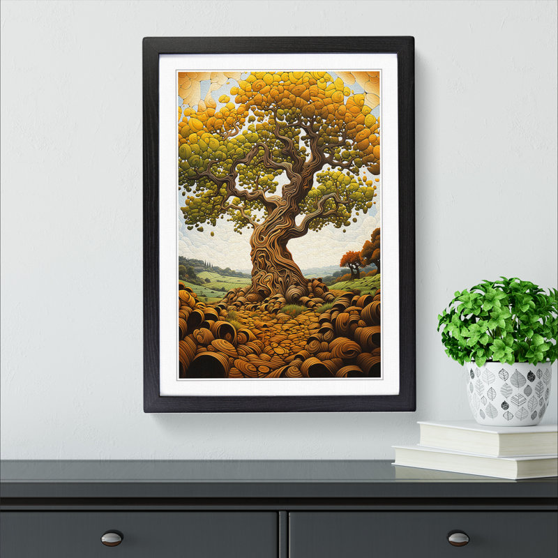 Oak Tree Orphism - Single Picture Frame Print on Wood, Black, 46cm H x 34cm W x 2cm D
