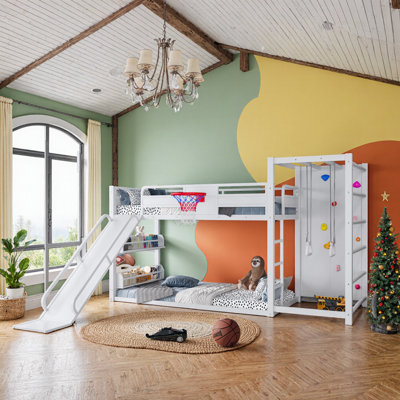 Lit mezzanine simple en métal UnaNidus avec panier de basketball, mur d'escalade et tablettes