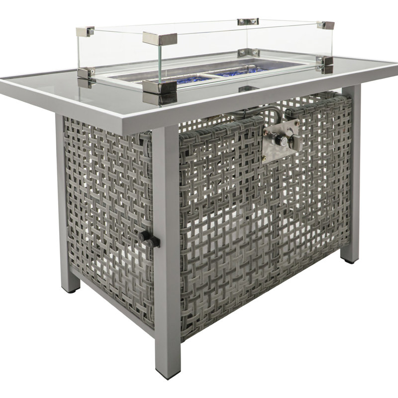 43" Rectangular Grey Open Weave Propane Fire Pit Table, 60000 , With Blue Glass Stones, Tempered Wind Guard, And 20lbs Storage For Outdoor Entertaining Events Gas 43", Color, Removable - Rust Lid