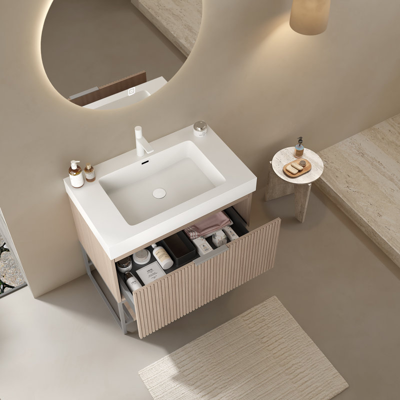 Krumm 30'' Striped Freestanding Single Bathroom Vanity with Solid Surface Top