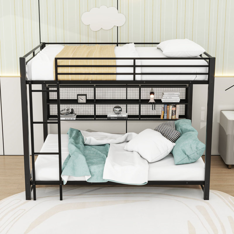 Queen Over Queen Metal Bunk Bed With LED Lighting And Storage Shelves
