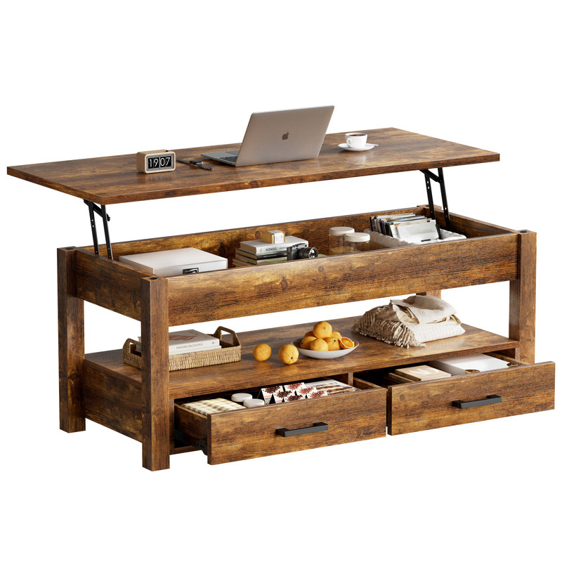 Areil Lift Top Coffee Table with Storage, Cocktail Table with 2 Drawers, Rustic Brown