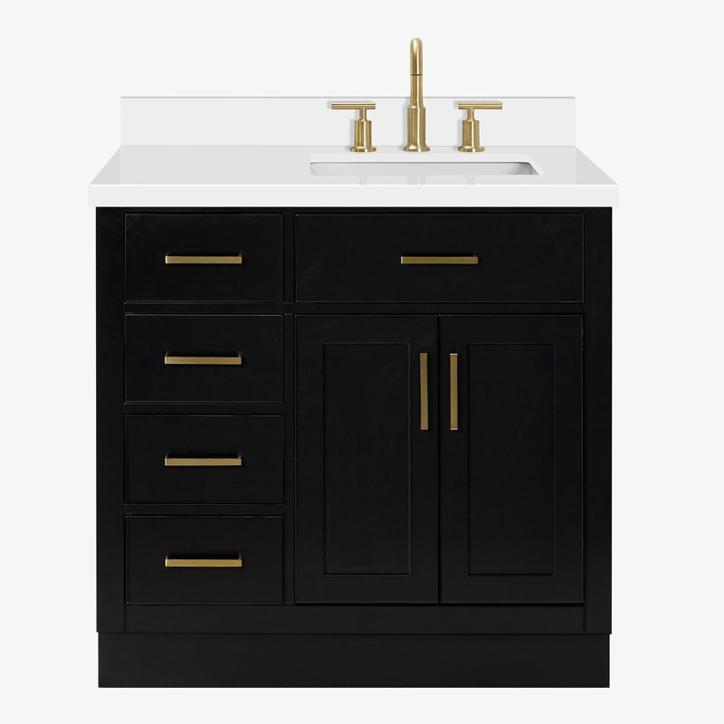 Meuble-lavabo simple en bois massif 36 po Tidworth avec plateau en quartz 1,5 po, Noir/laiton, Oui, Forme rectangulaire