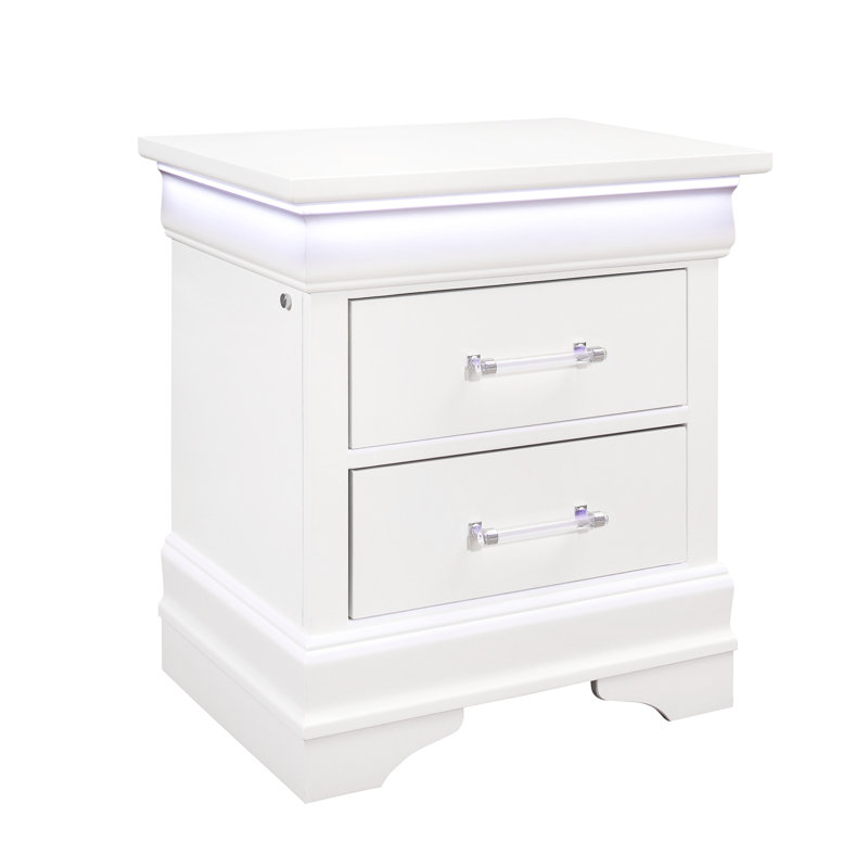 Table de chevet 2 tiroirs en bois massif blanc avec DEL