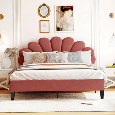 Lit plateforme tapissier avec tête de lit en velours à motif floral