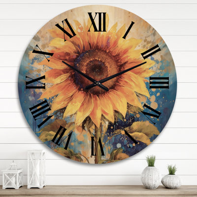 Yellow Blue Golden Sunflowers II - Sunflowers Oversized Wood Wall Clock