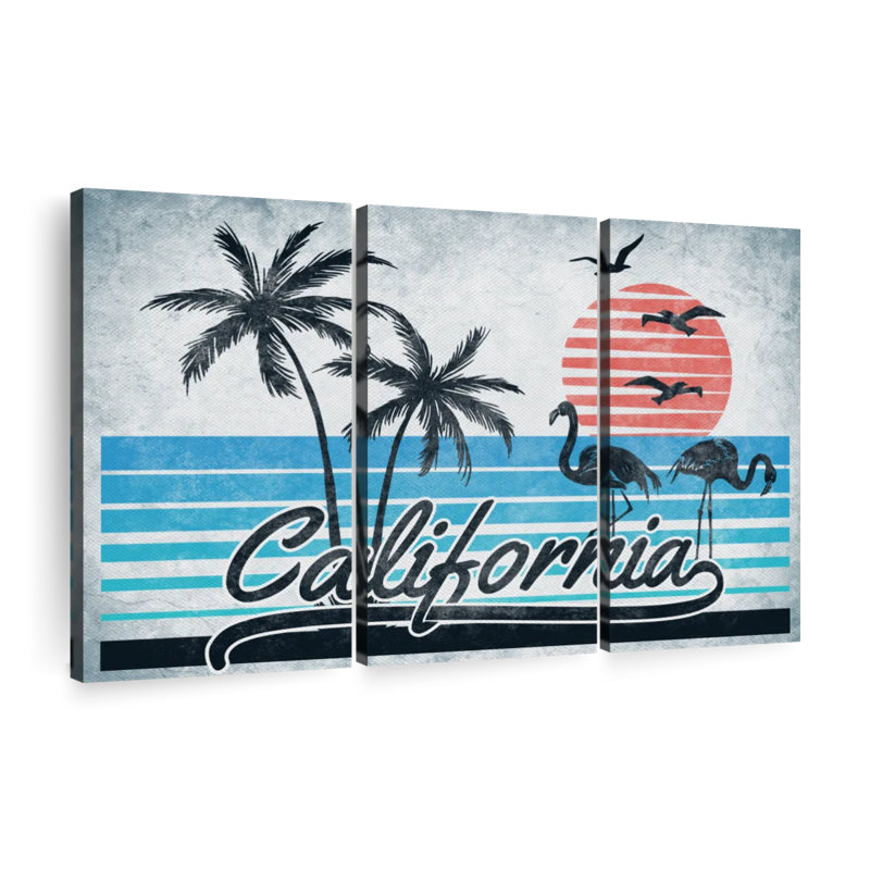 «Tropical Beach Retro California Sign», ensemble de 3 impressions sur toile par Retro Revival, H 28 po x l 45 po x P 1,25 po