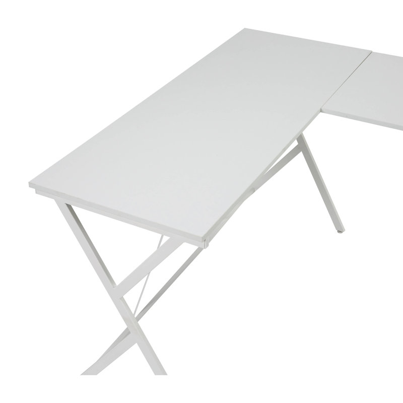 Bureau d'angle blanc Espace en forme de L avec structure métallique robuste, idéal pour les petits espaces de travail et offrant un espace de travail généreux pour les étudiants.