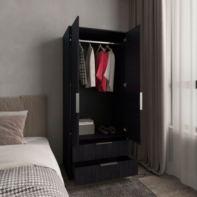 Armoire à deux portes, deux tiroirs, une tige suspendue et des tablettes intérieures, garde-robe