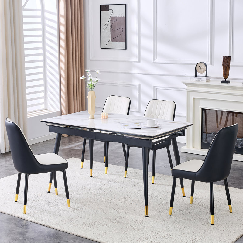 55'' - 79'' Extendable Sintered Stone Dining Table Set with Hidden Extension Leaf and Metal Legs, 5 Pieces: Table, 4 Chairs