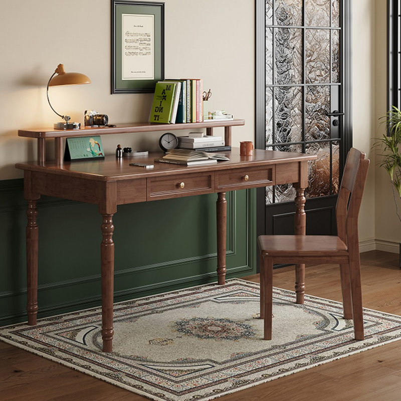 Bureau en bois massif de style américain avec une tablette et des tiroirs, H 29,53 po x l 47,24 po x P 23,62 po, Brun noyer