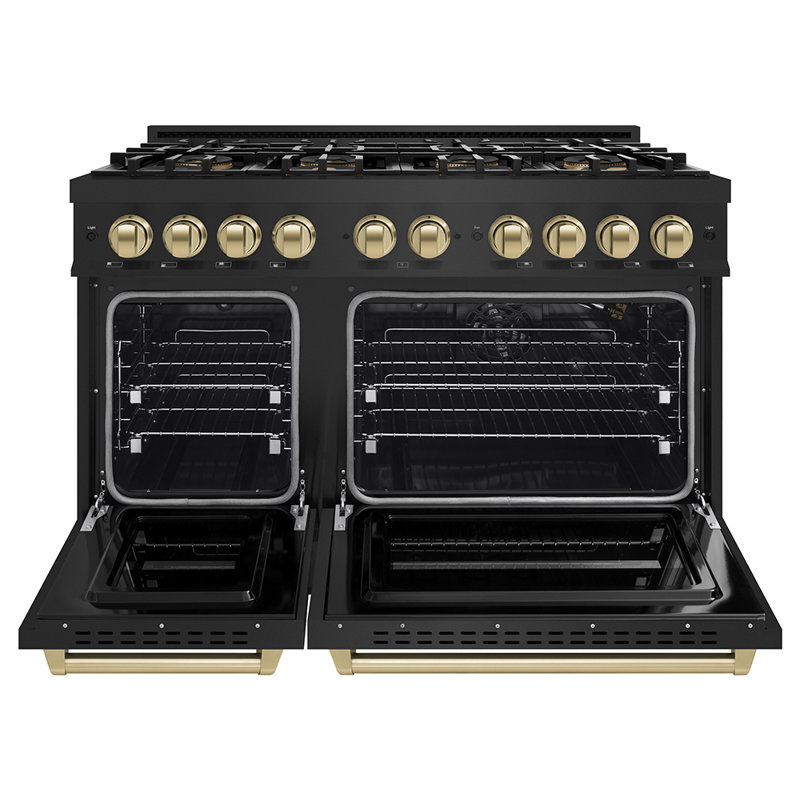 Cuisinière à gaz ZLINE Autograph de 48 po avec 8 brûleurs DuoPro et accents bronze, Black Stainless Steel