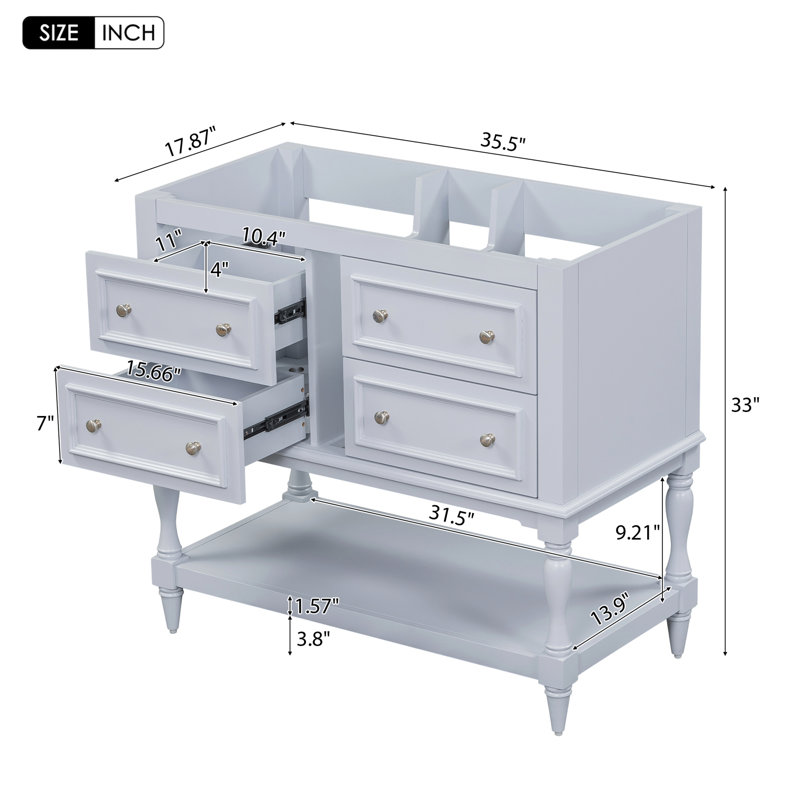 Meuble-lavabo 36 po sans lavabo, ensemble de meuble-lavabo autoportant 36 po avec 4 tiroirs et portes à fermeture douce, Bleu