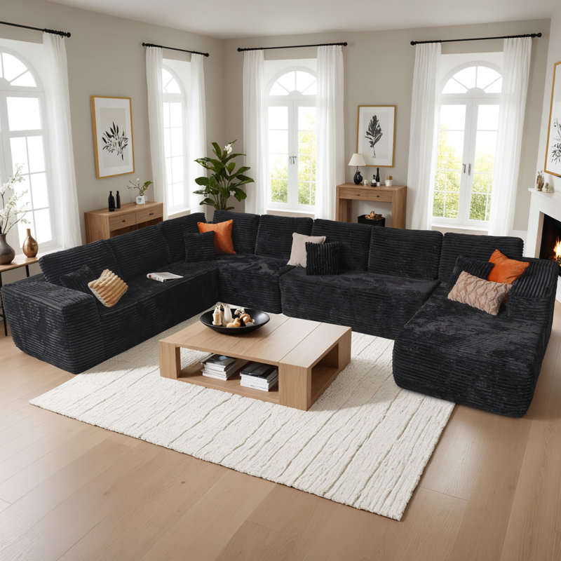  Koyu Cloudelle Compression Packed 4-Piece U-Shaped Plush Corduroy Sectional Sofa – Deep Seat, No Assembly, Black Corduroy
