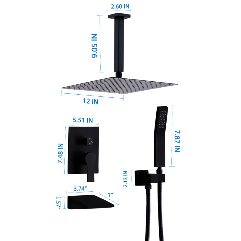12" Shower Outfit Formation Contraption Construction Kit Assembly, Matte Black, Stainless Steel, With Handheld & Waterfall Tub Spout, Wall Mounted