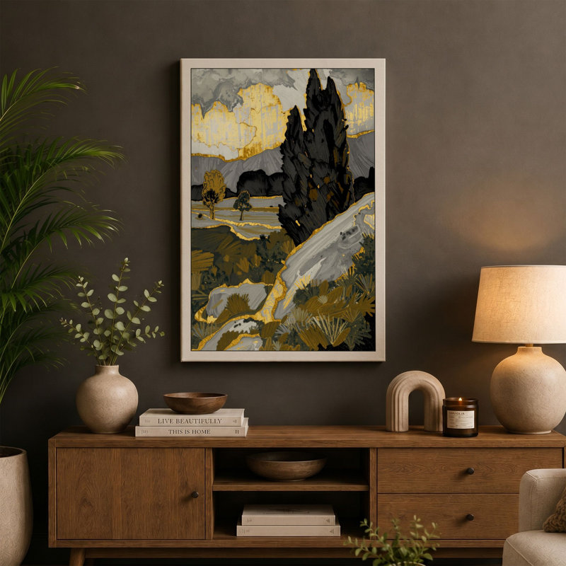 Cypress Rising Art Deco - Wrapped Canvas, 30x20 - 76.2 x 50.8 cm, Cream Border