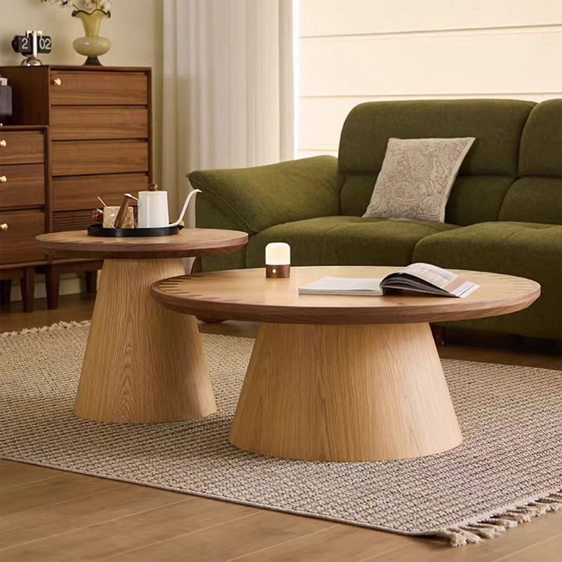 Round Coffee Table Set, Modern Oak & Walnut Dual-Wood Inlay with Gear Edge, Stylish Living Room Center Table