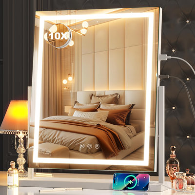 White Square LED Lighted Vanity Makeup Mirror, 10X Magnifying Mirror, 3 Color Dimmable Lighting, Sma
