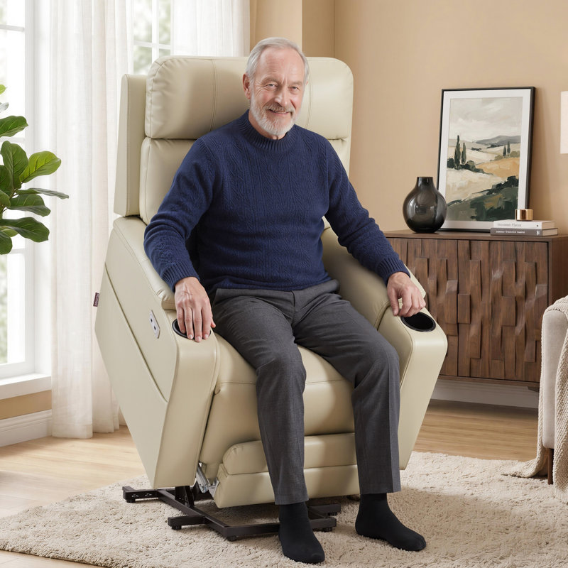 Dual Motor Lay Flat Power Recliner Lift Chair with Heat and Massage, Faux Leather, Cream White