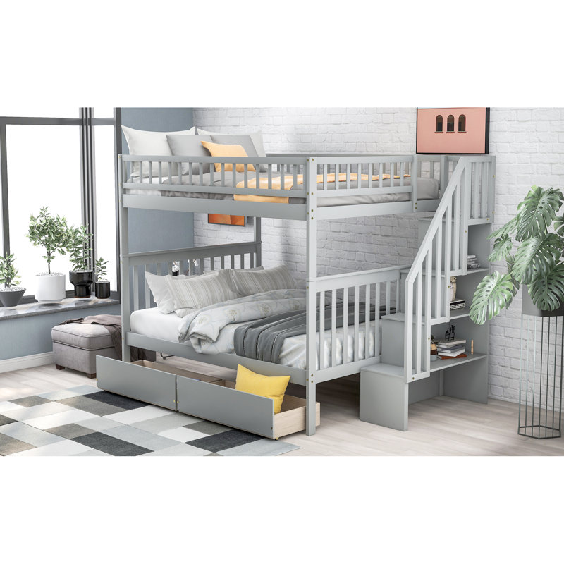Lit superposé double au-dessus de double avec deux tiroirs et rangement, Gris