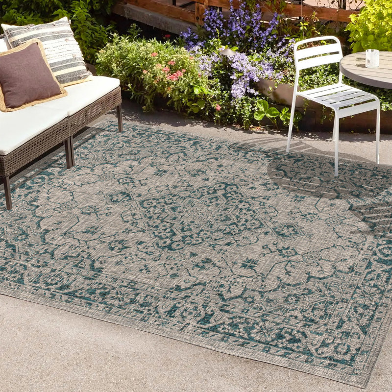 Nate Boho Medallion Textured Weave Grey/Teal Indoor/Outdoor Rug, Rectangle 3'1" x 5'