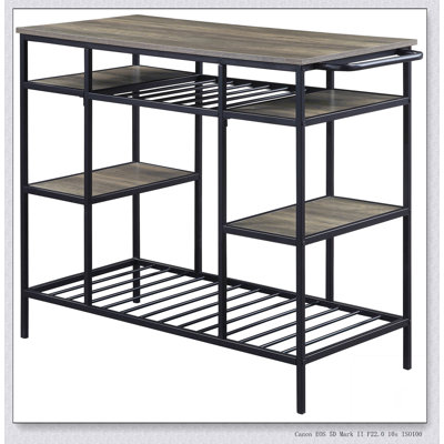Rustic Oak and Black Finish Kitchen Island with Open Shelving, Perfect for Storage and Style in Modern Kitchens