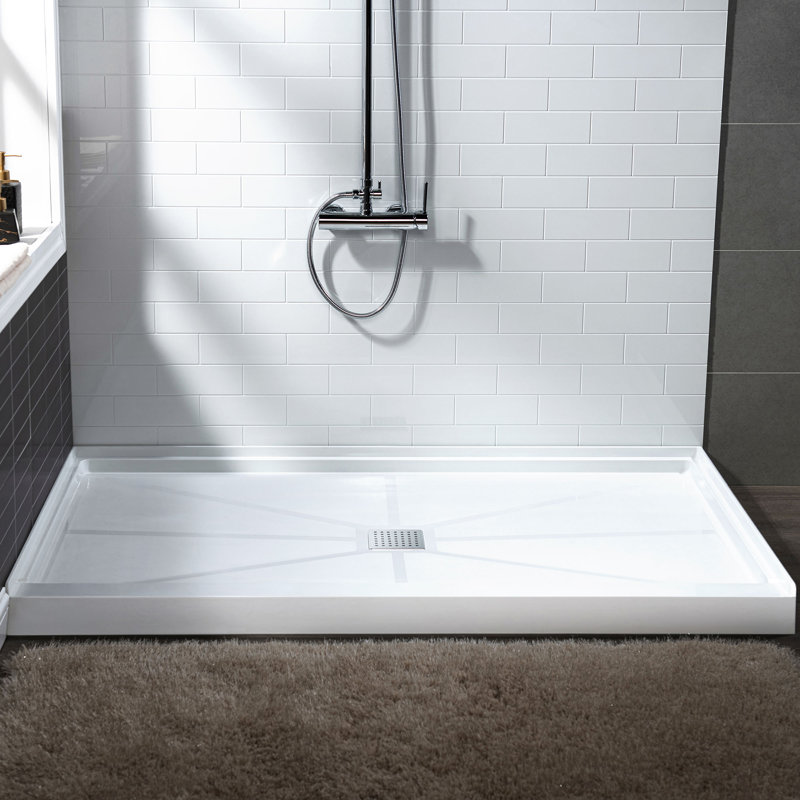 60" W x 32" D Solid Surface Single Threshold solid surfce Shower Pan Base with Drain Assembly & Drain Cover Included, Non-Slip