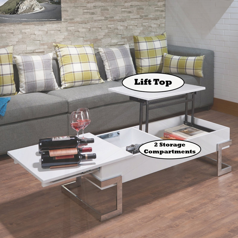 Table basse ultrabrillante avec finition chromée et plateau relevable