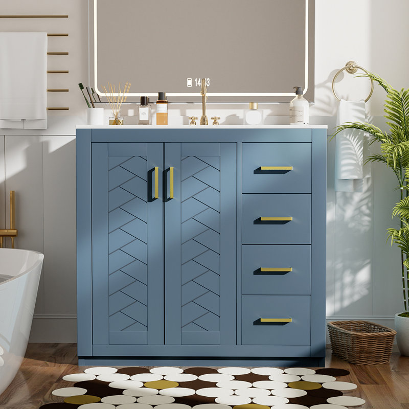 Ensemble de meuble-lavabo 36 po avec lavabo en céramique, armoire de rangement en bois massif, ensemble de meuble-lavabo autoportant avec 3 tiroirs et portes à fermeture douce
