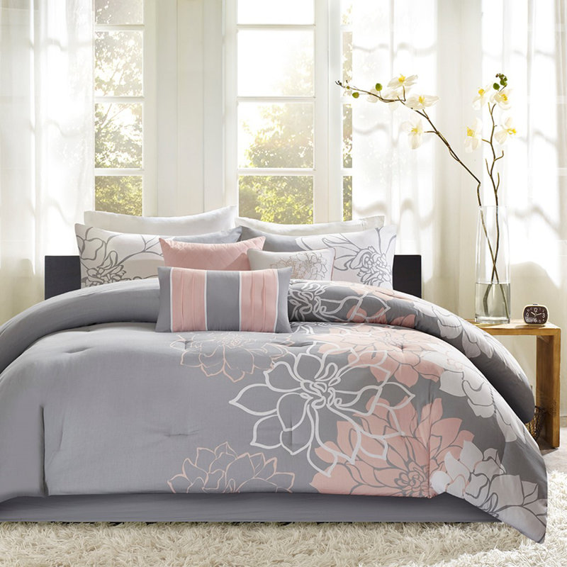 Sophisticated Grey/Peach Printed Cotton Sateen Comforter Set, California King Comforter + 6 Additional Pieces
