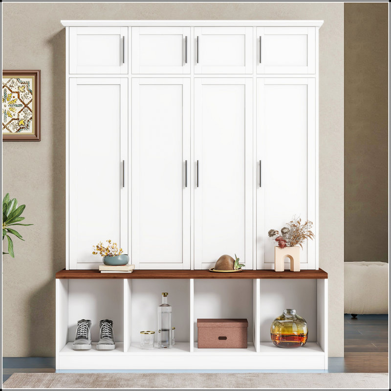 Multi-Functional Hall Tree with 4 Hidden Hanging Hooks, Wood Grain Bench, White