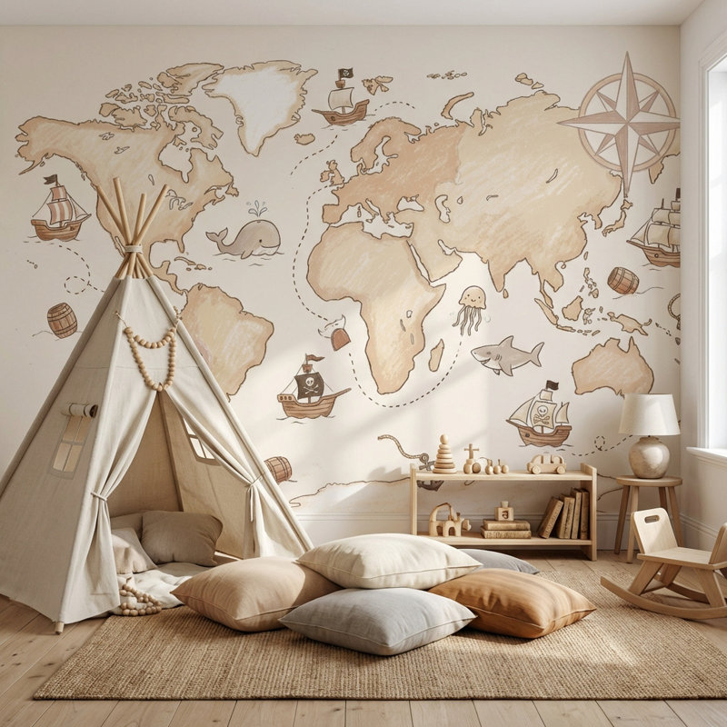 Papier peint carte du monde aventure nautique, Non tissé, 160 po x 108 po