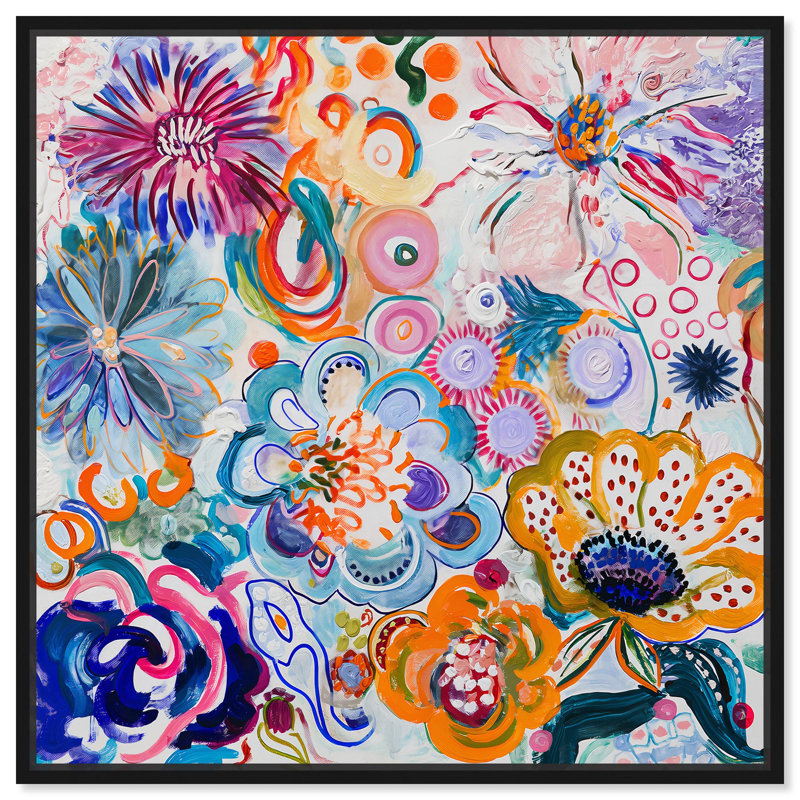 "Floral Epiphany", art floral abstrait par Art Remedy, H 13 po x l 13 po x P 1,8 po, Cadre flottant noir