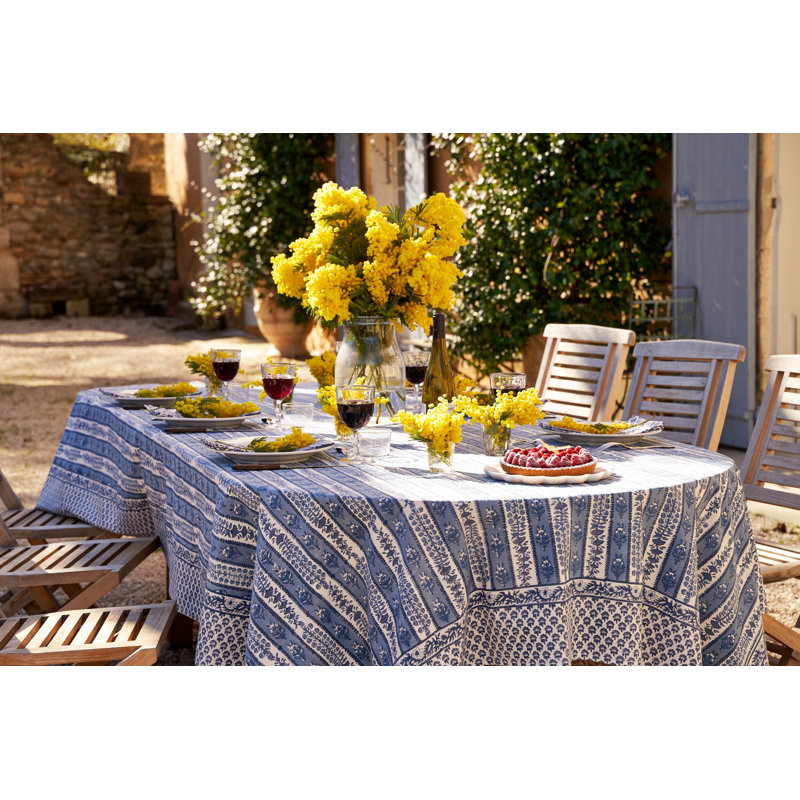 Avignon Handmade Floral Tablecloth, 142" x 71", Blue/Marine