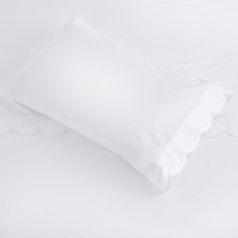 Ensemble de draps en percale Scallop Frame, Ensemble de draps pour lit simple avec 1 taie d'or, Blanc
