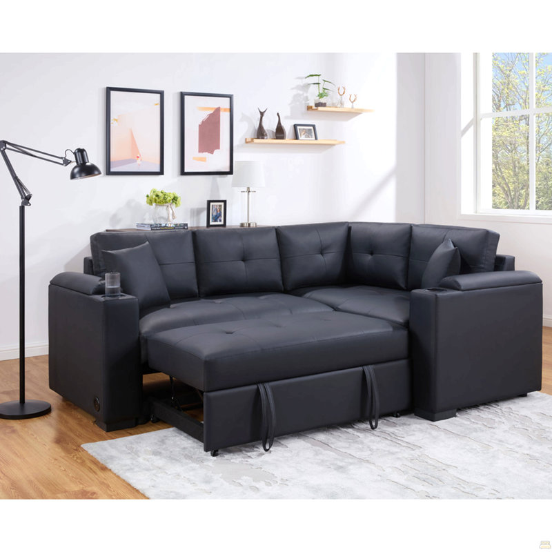Canapé-lit modulaire en PVC avec chargeur USB et accoudoirs de rangement, noir