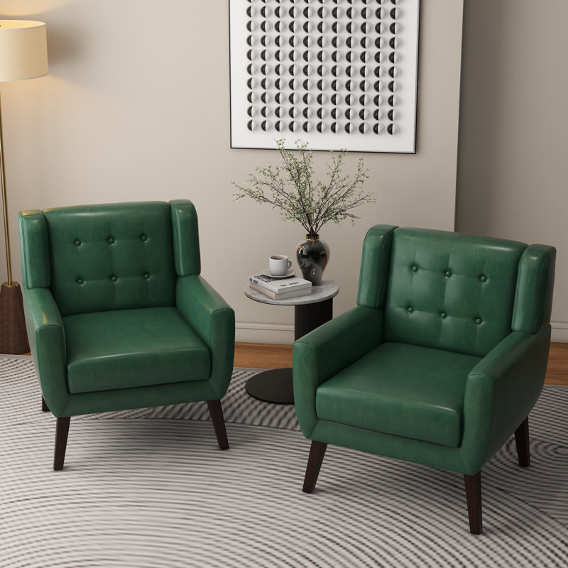 Jaqueze Upholstered Green Faux Leather Tufted Square Arm Accent chair, Green Faux Leather