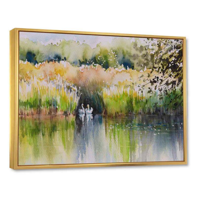 Deux cygnes dans l'étang - peinture sur toile, H 34 po x l 44 po x P 1,5 po, Cadre flottant doré