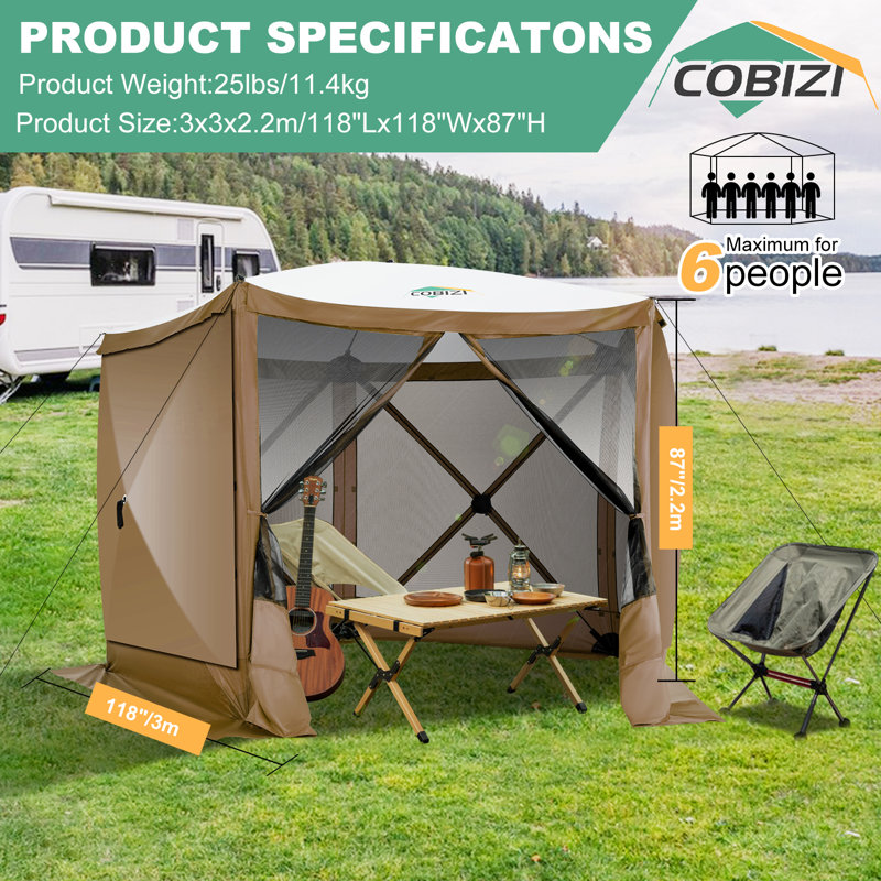 Pop Up Gazebo Screen Tent Screen House for Camping, 10x10 Screen Room with Mosquito Netting, Brown