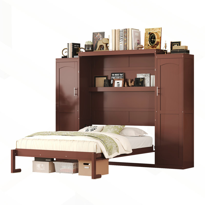 Lit escamotable avec structure en bois massif, armoire escamotable avec 2 armoires et tablettes de rangement, Double, Walnut