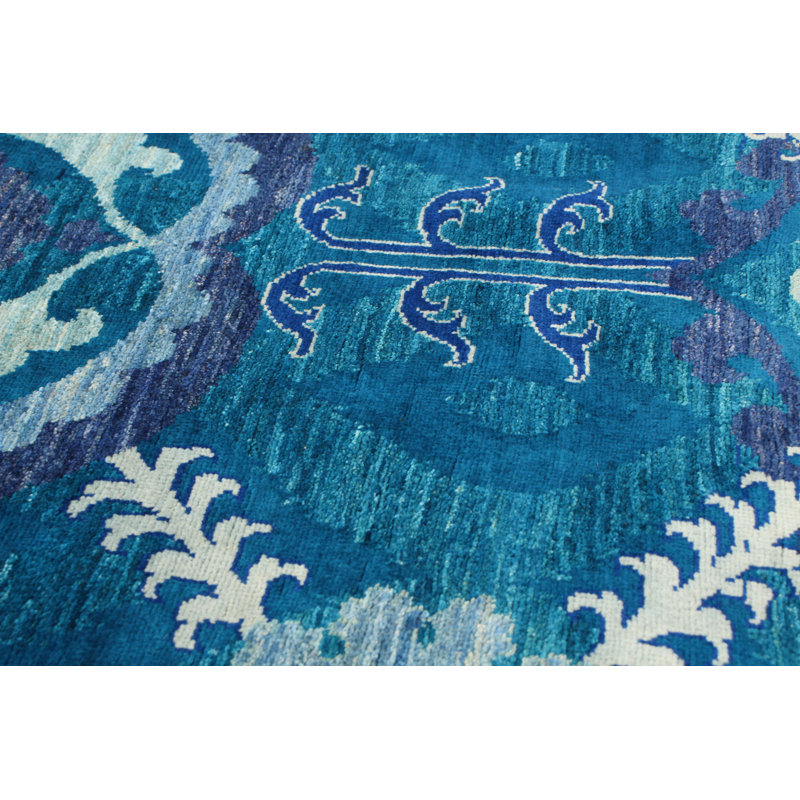 Tapis turquoise en laine noué à la main Deluna, Rectangle 8 pi x 10 pi