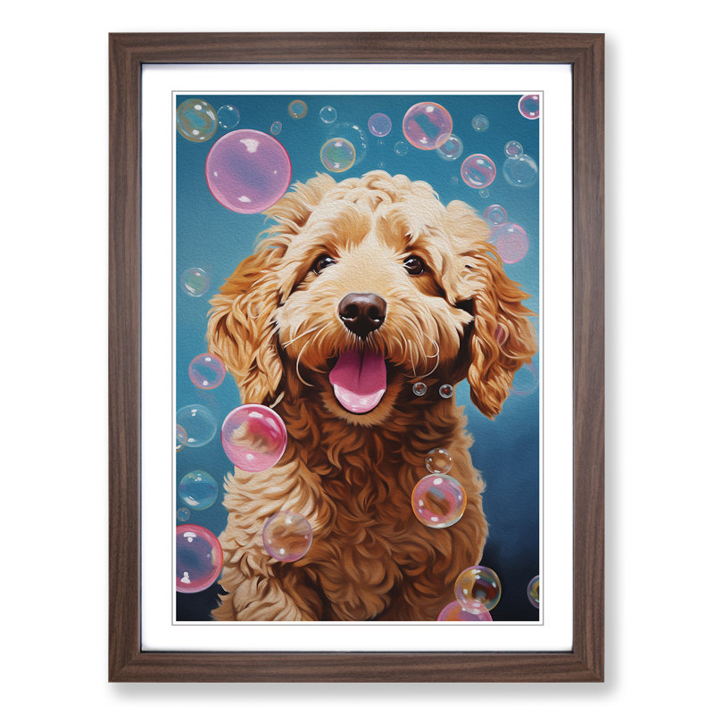 Labradoodle Bubble Gum Painting - Single Picture Frame Print on Wood, Walnut Framed, 46cm H x 34cm W x 2cm D