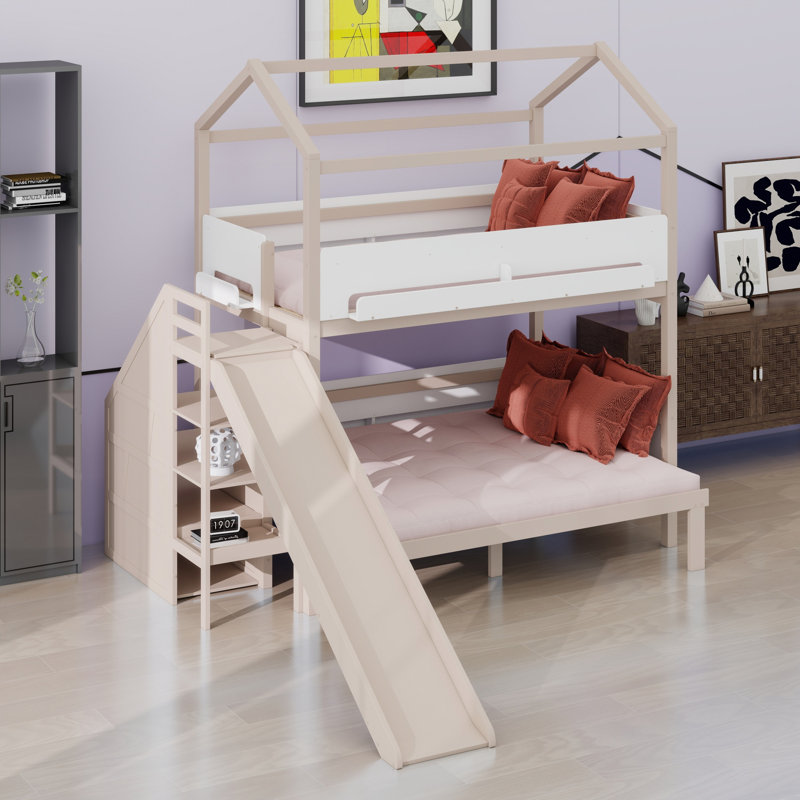 House-Shaped  Bunk Bed with Slide and Storage Staircase, Beige+White