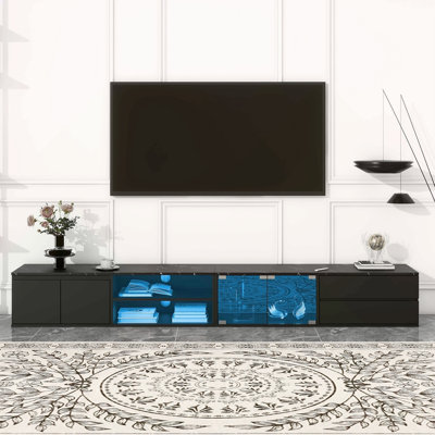 Modern APP Controlled LED TV Stand For Tvs Up To 105'', Faux Marble Tabletop Media Console With Tempered Glass Doors, Entertainment Center With 2 Drawers & Cabinets For Living Room