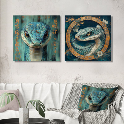 Signe chinois, serpent, sinueuse sagesse I - art mural animal serpent - ensemble d'art mural moderne 2 pièces