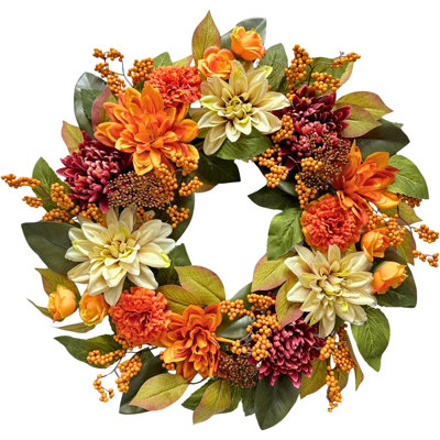 Couronne lumineuse d'automne avec dahlias, mamans bourgogne et accents de baies oranges, couronne d'automne chaude à DEL pour la porte d'entrée, récolte de l'Action de grâce et décoration saisonnière