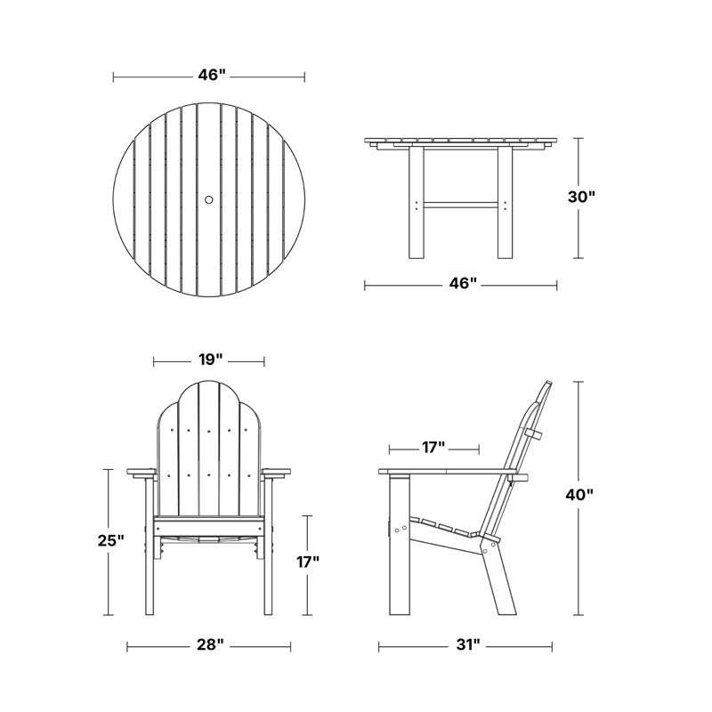 Ensemble de salle à manger rond 5 pièces Classic avec chaises longues 46 po, Noir