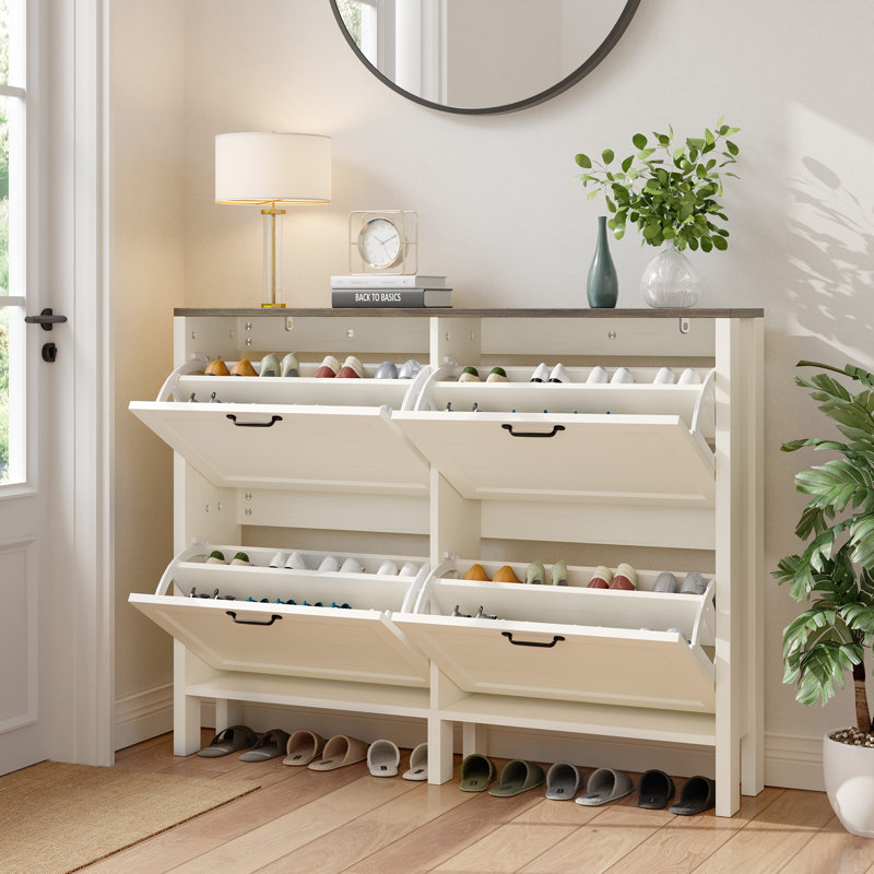 Slim Shoe Storage Cabinet with Doors and Adjustable Shelves for Entryway, White/Brown, 37" H x 47.4" W x 9.2" D