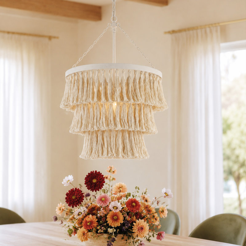 Luray - Lustre classique à 4 lumières, intensité variable, style artisanal, 3 niveaux, pompons